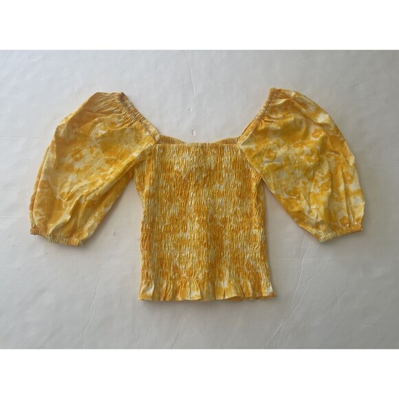 Open Edit Yellow Ballon Puff Sleeve Smocked Top with Floral Print Size Small NWT - Picture 8 of 8